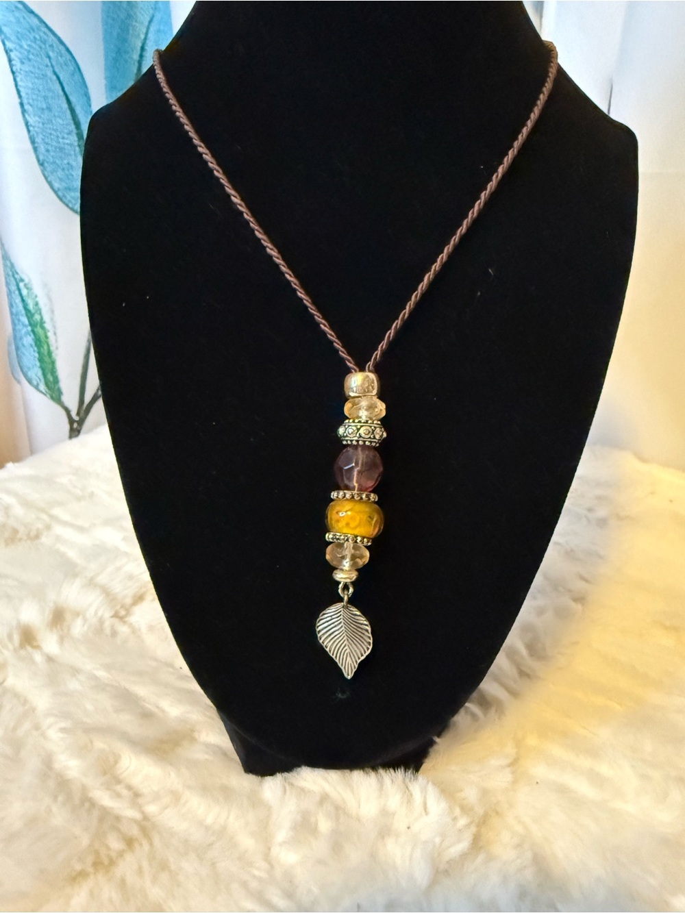 Vintage Boho Glass Bead Necklace Brown Cord Silver Tone Leaf Pendant